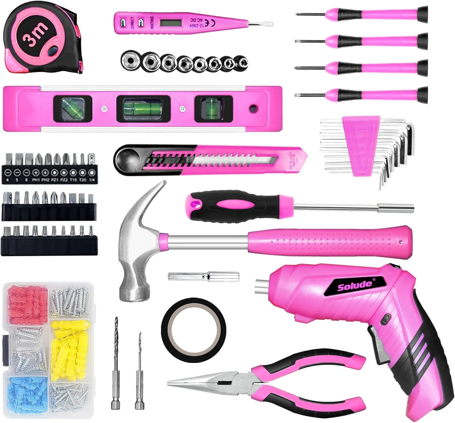 SOLUDE Pink Tool Set,130 Piece Home Tool Kit for Women with 3.6V Cordless Rechargeable Screwdriver,Basic Toolkits for New House,Apartment,Dorm & DIY Projects