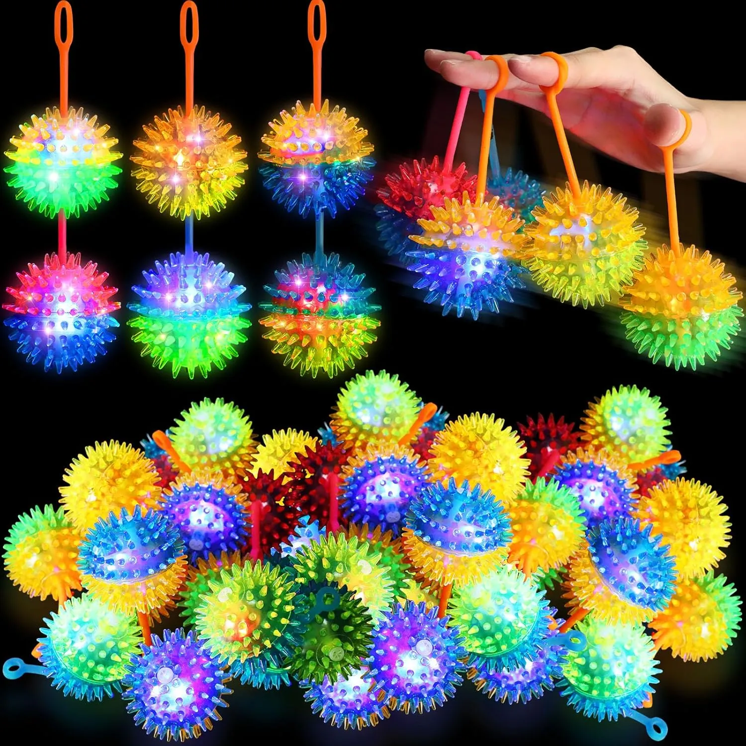 Sotiff 18Pcs Light up Ball Spiky Bouncy Toys LED Flashing Squeaky Sensory Ball Stress Rubber Relief Massage Glow Toy for Carnival Baby Shower Party Easter Goodie Bag Girls Boys Grad Gift(Multi Colors)