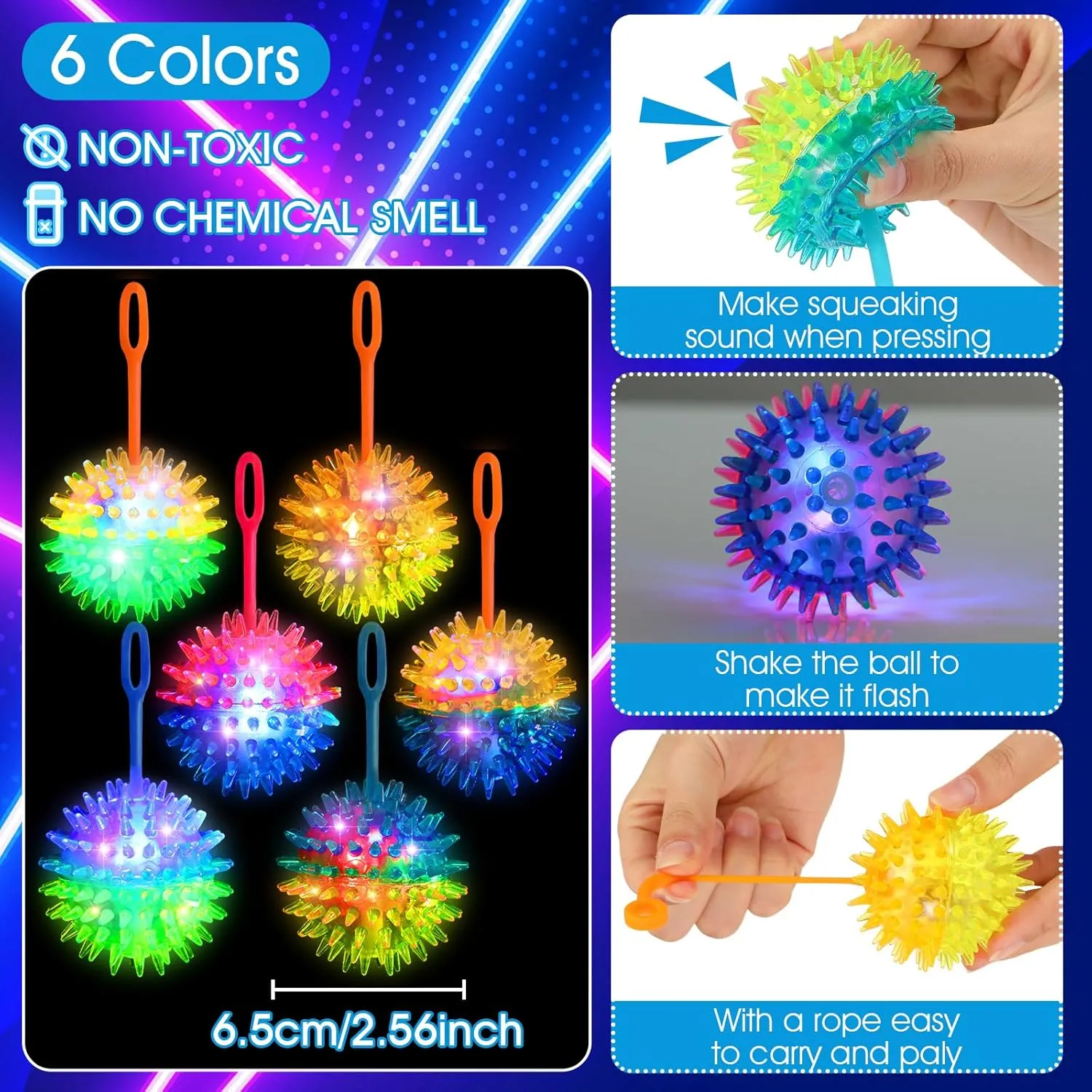 Sotiff 18Pcs Light up Ball Spiky Bouncy Toys LED Flashing Squeaky Sensory Ball Stress Rubber Relief Massage Glow Toy for Carnival Baby Shower Party Easter Goodie Bag Girls Boys Grad Gift(Multi Colors)