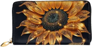 Sparkling Sunflower Leather Wallets For Women Waterproof Zip Around Clutch Purses Large Credit Card Holder With Phone Holder Ladies Travel Coin Purse