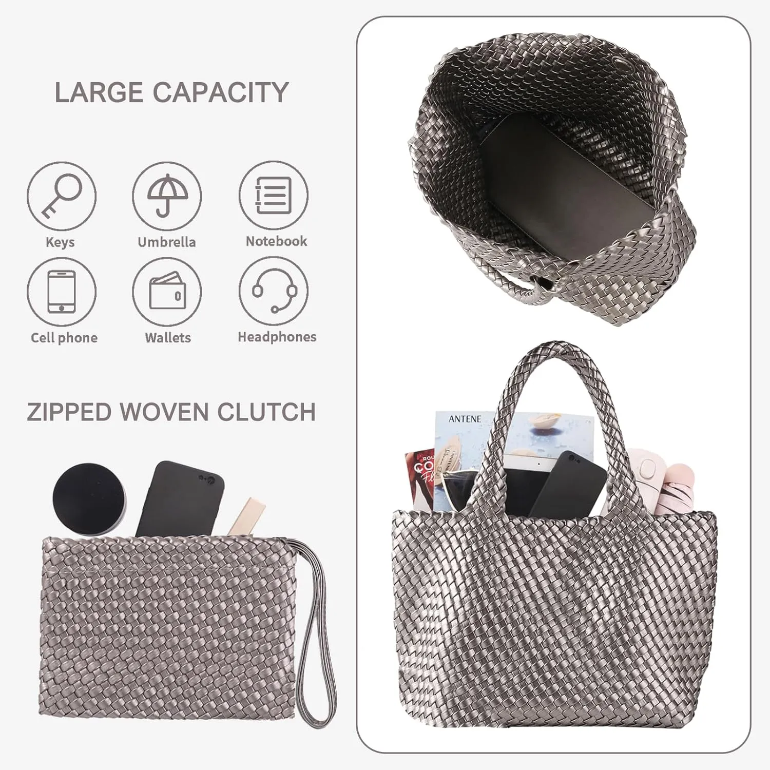 SporGenius Woven Bag for Women, Vegan Leather Tote Bag Large Summer Beach Travel Handbag with Handmade Purse