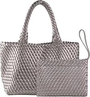 SporGenius Woven Bag for Women, Vegan Leather Tote Bag Large Summer Beach Travel Handbag with Handmade Purse