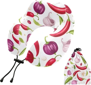 SPRIPORT Chili Pepper Onion Travel Neck Pillow for Sleeping Airplane Memory Foam Neck Support Pillow with Storage Bag Sleeper Hold Pillow for Home Office Long Flight Car Train Bus Adults Kids