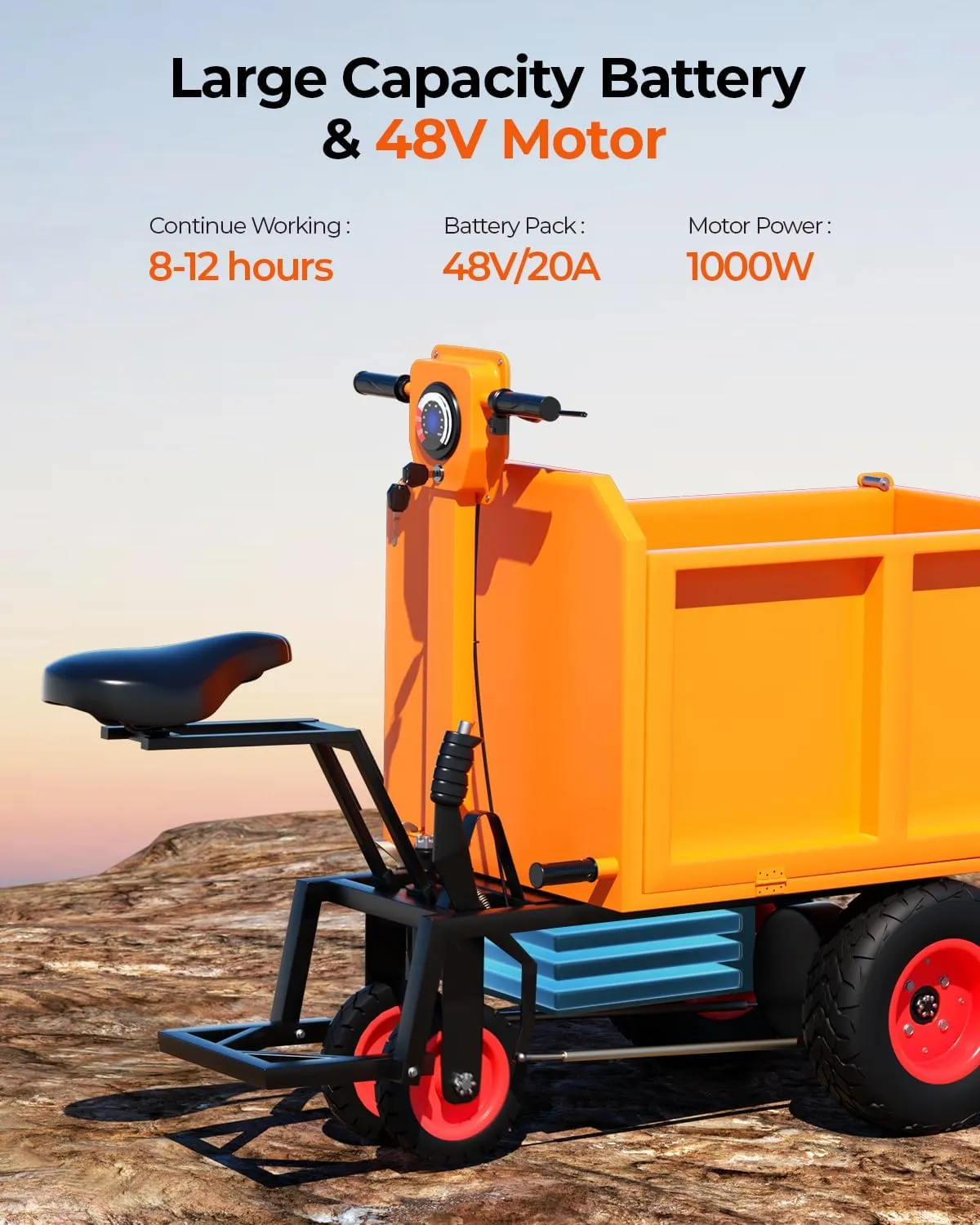 Square Electric Wheelbarrow Utility Cart, 48V 20A 1000W Capacity, 2205Lbs (One Ton), Material Hauler, Electric Wagon