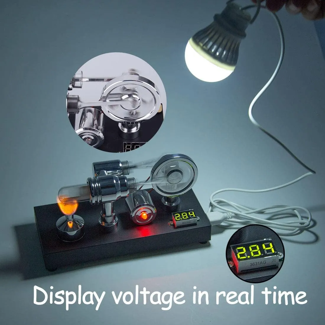 Stirling Engine Model Kit, Metal Gamma Hot-Air Stirling Engine with LED Bulb for Physical Science Experiment Display