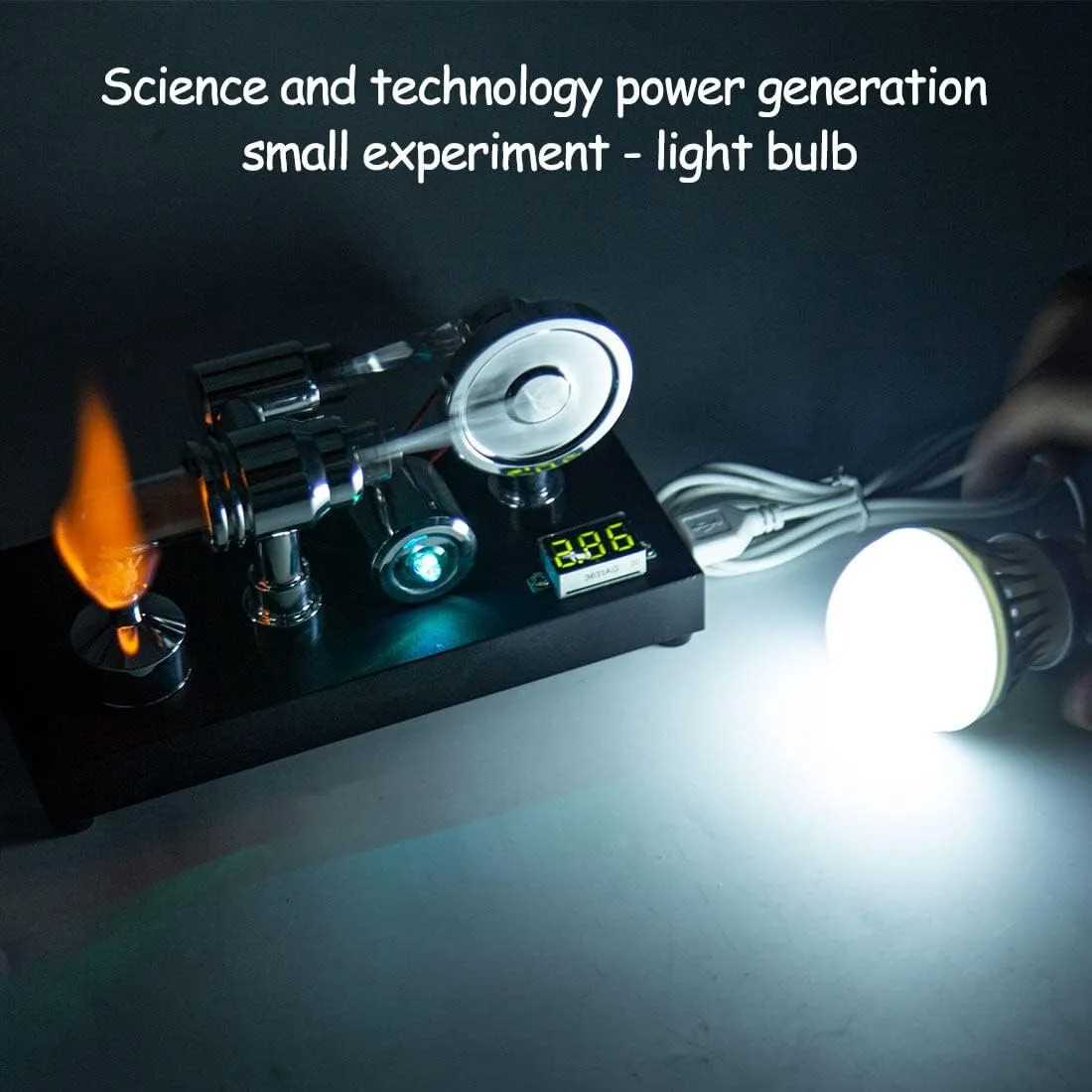 Stirling Engine Model Kit, Metal Gamma Hot-Air Stirling Engine with LED Bulb for Physical Science Experiment Display