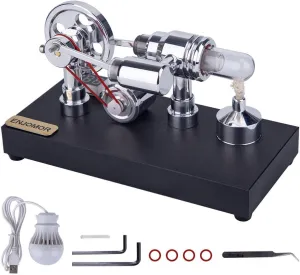 Stirling Engine Model Kit, Metal Gamma Hot-Air Stirling Engine with LED Bulb for Physical Science Experiment Display