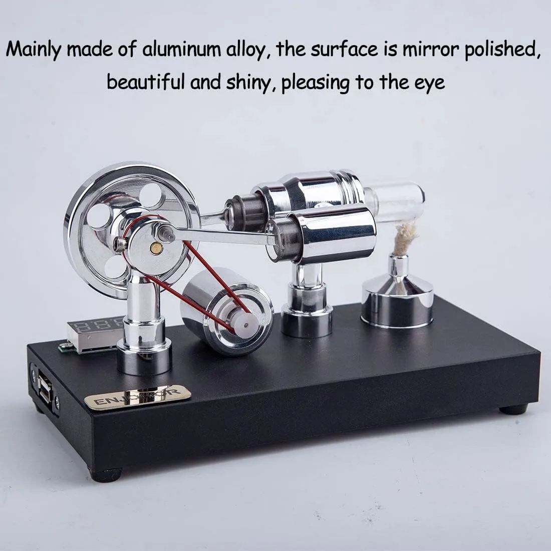 Stirling Engine Model Kit, Metal Gamma Hot-Air Stirling Engine with LED Bulb for Physical Science Experiment Display