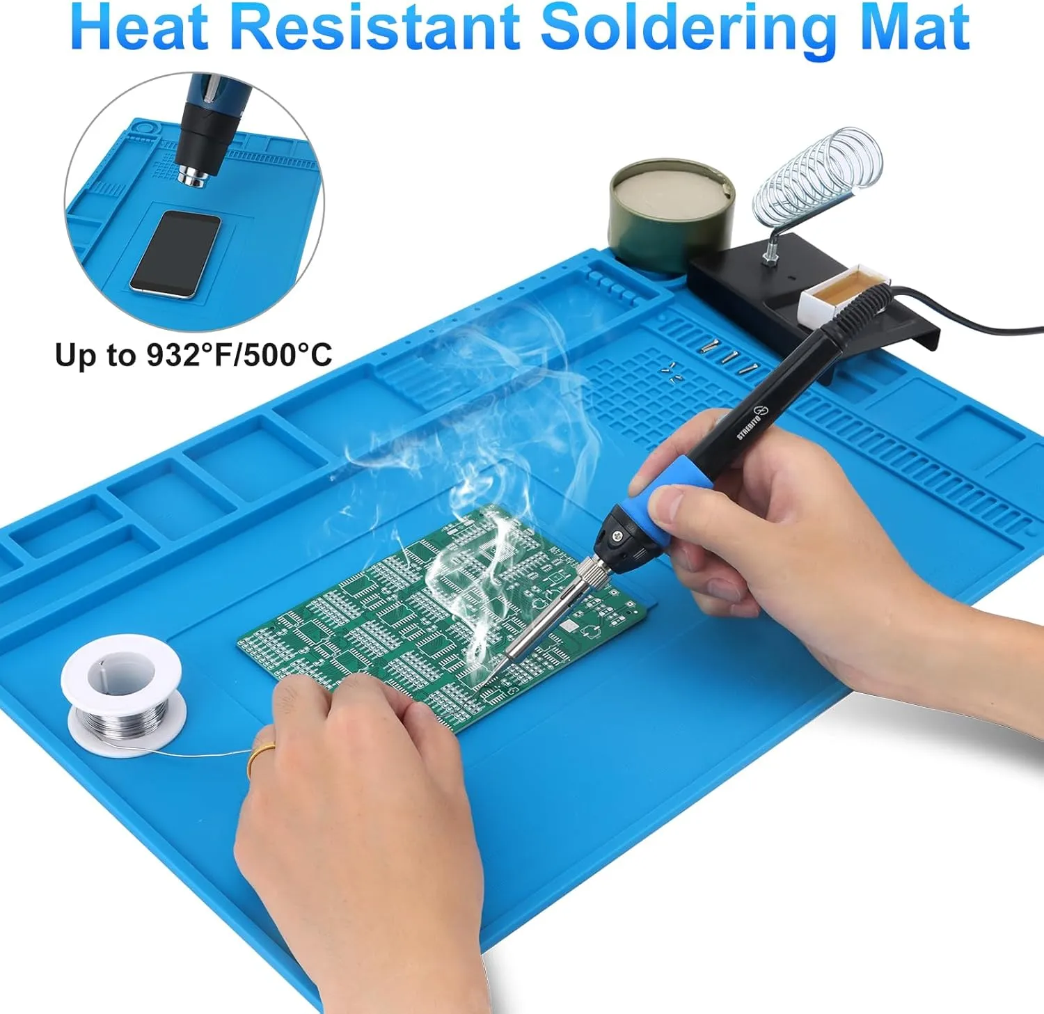 STREBITO Silicone Soldering Mat Electronics Mat, Solder Pad Heat Resistant 932°F, Magnetic Work Mat Silicone Repair Mat for Soldering, Computer, Laptop, Cell Phone, RC, Watch, Gun, Size 17.7" x 11.8"