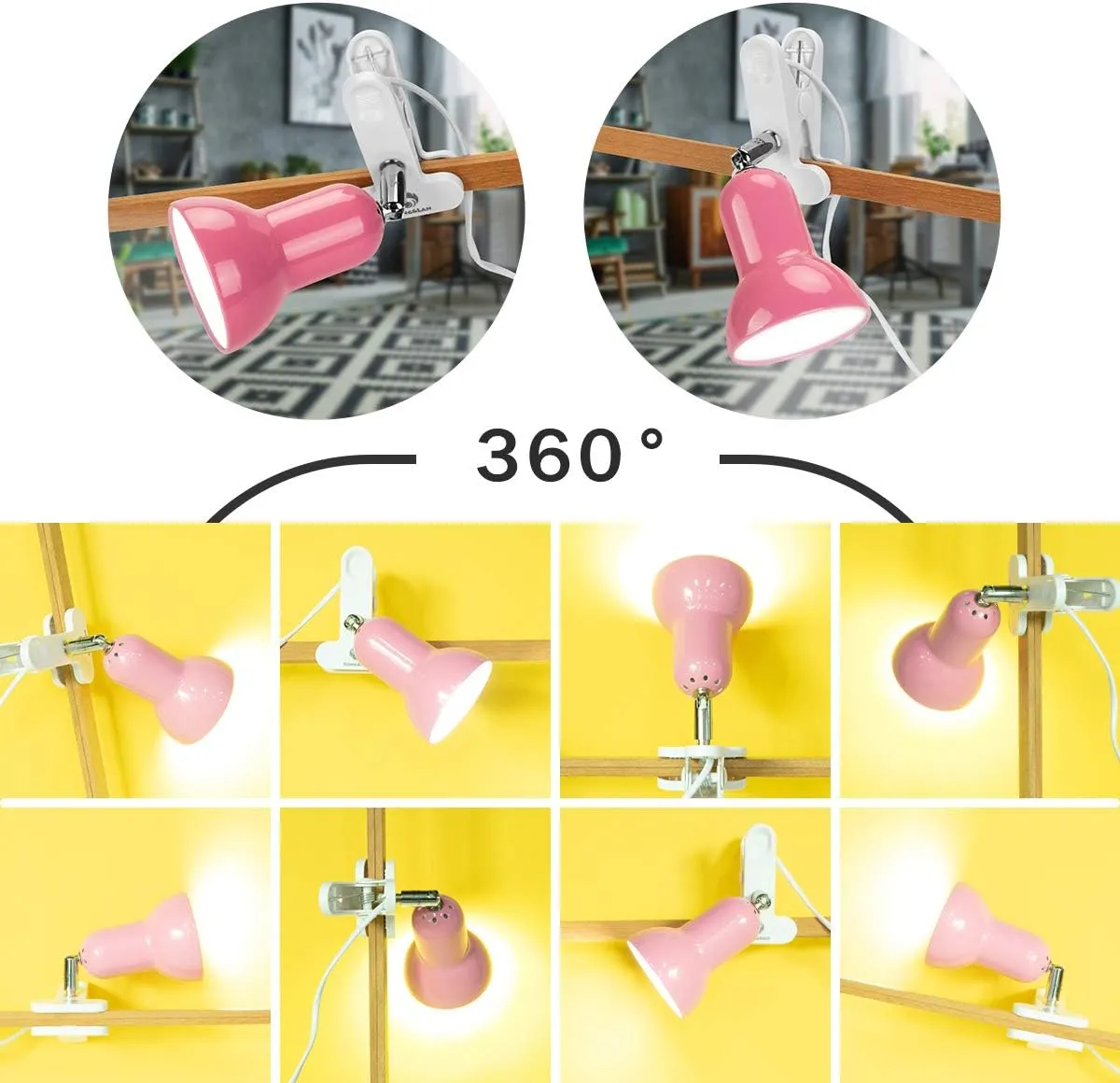 Sun-Rising Rong&LAN Cilp on Light,360° Rotation Clip on Lamp Portable Book Reading,Clamp on Desk/Table/Bunk Bed/Cupboard Home Lighting, (Clamp Light Seven Colors for Your Choice) Red