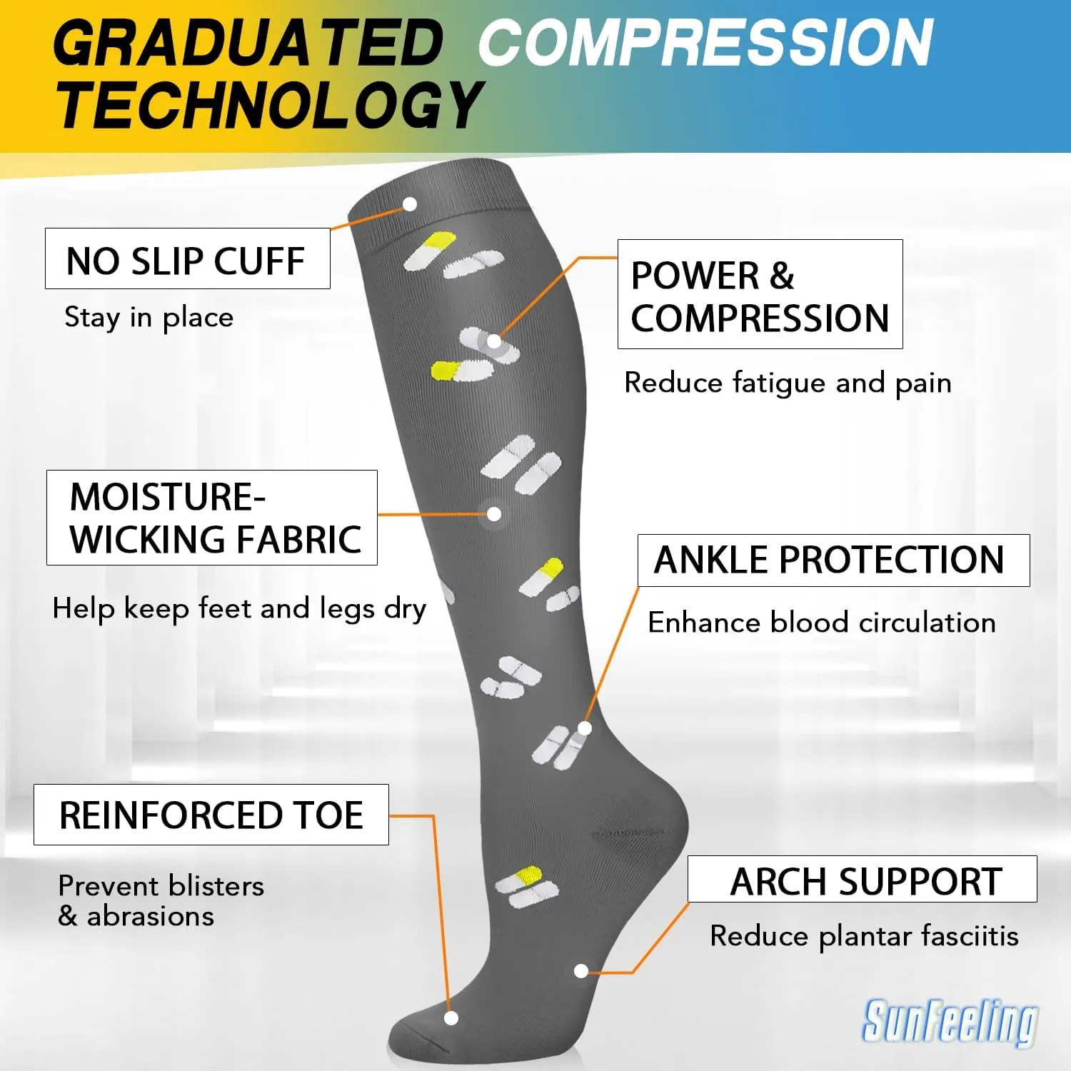 SunFeeling 6 Pairs Compression Socks for Women & Men Circulation - Best Support for Nurses,Running,Athletic,Sports