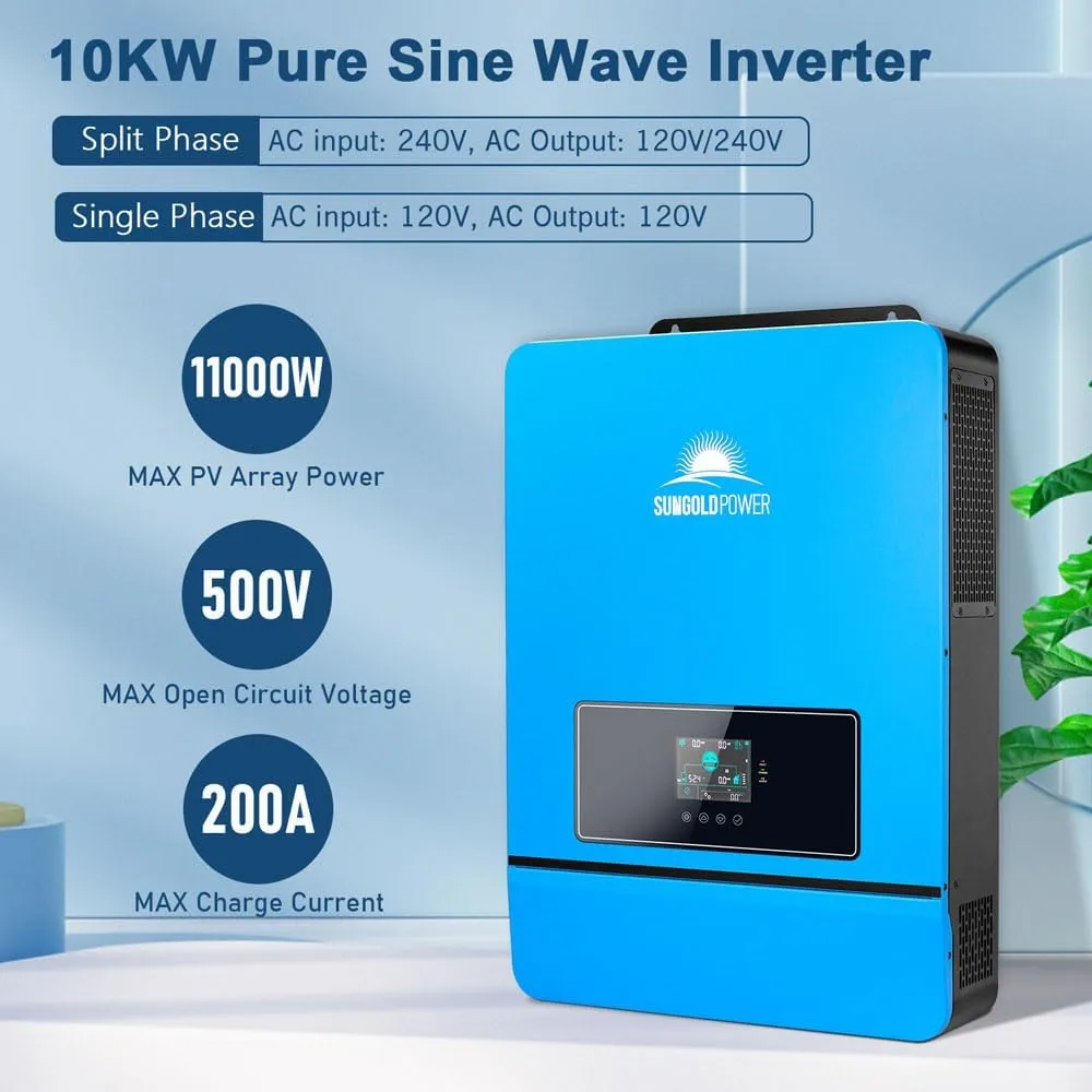 SUNGOLDPOWER 10000W 48V Solar Inverter, Built-in 2 MPPT Solar Controllers, Max 200A Battery Charging, AC Input/Output 120V/240V(setable),Pure Sine Wave Inverter(WiFi and BMS COMM) UL1741