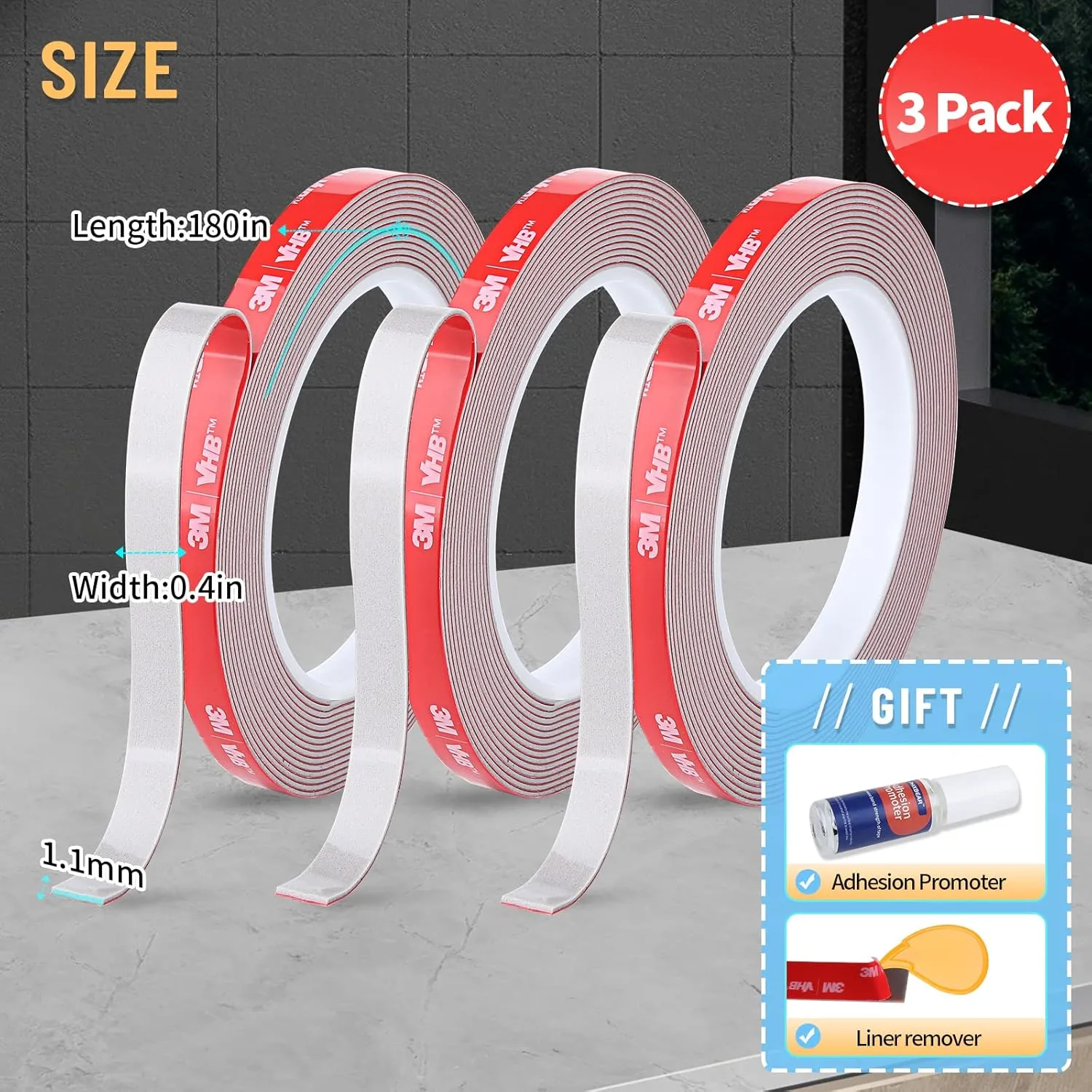 Super Strong Adhesion, Made of 3M VHB Double Sided Tape, Multipurpose Heavy Duty Mounting Tape, Indoor & Outdoor Waterproof Foam Adhesive Tape Automotive Wall Tape (3 Pack 540")