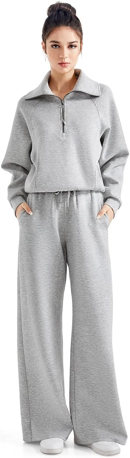 SUUKSESS Women 2 Piece Lounge Matching Set Wide Leg Sweatpant Half Zip Sweatshirt