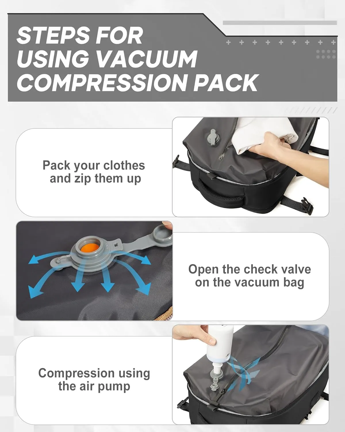 suwasp Vacuum Compression Backpack, 45L Expandable Travel Backpack with Electric Vacpack Pump, Travel Vacuum Bags with Shoe Compartment/17inch Laptop Compartment/USB Port, Black