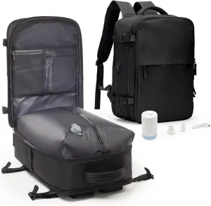 suwasp Vacuum Compression Backpack, 45L Expandable Travel Backpack with Electric Vacpack Pump, Travel Vacuum Bags with Shoe Compartment/17inch Laptop Compartment/USB Port, Black