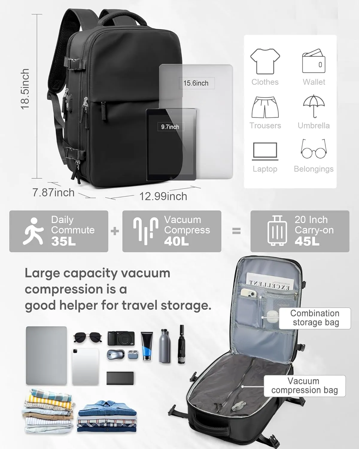 suwasp Vacuum Compression Backpack, 45L Expandable Travel Backpack with Electric Vacpack Pump, Travel Vacuum Bags with Shoe Compartment/17inch Laptop Compartment/USB Port, Black