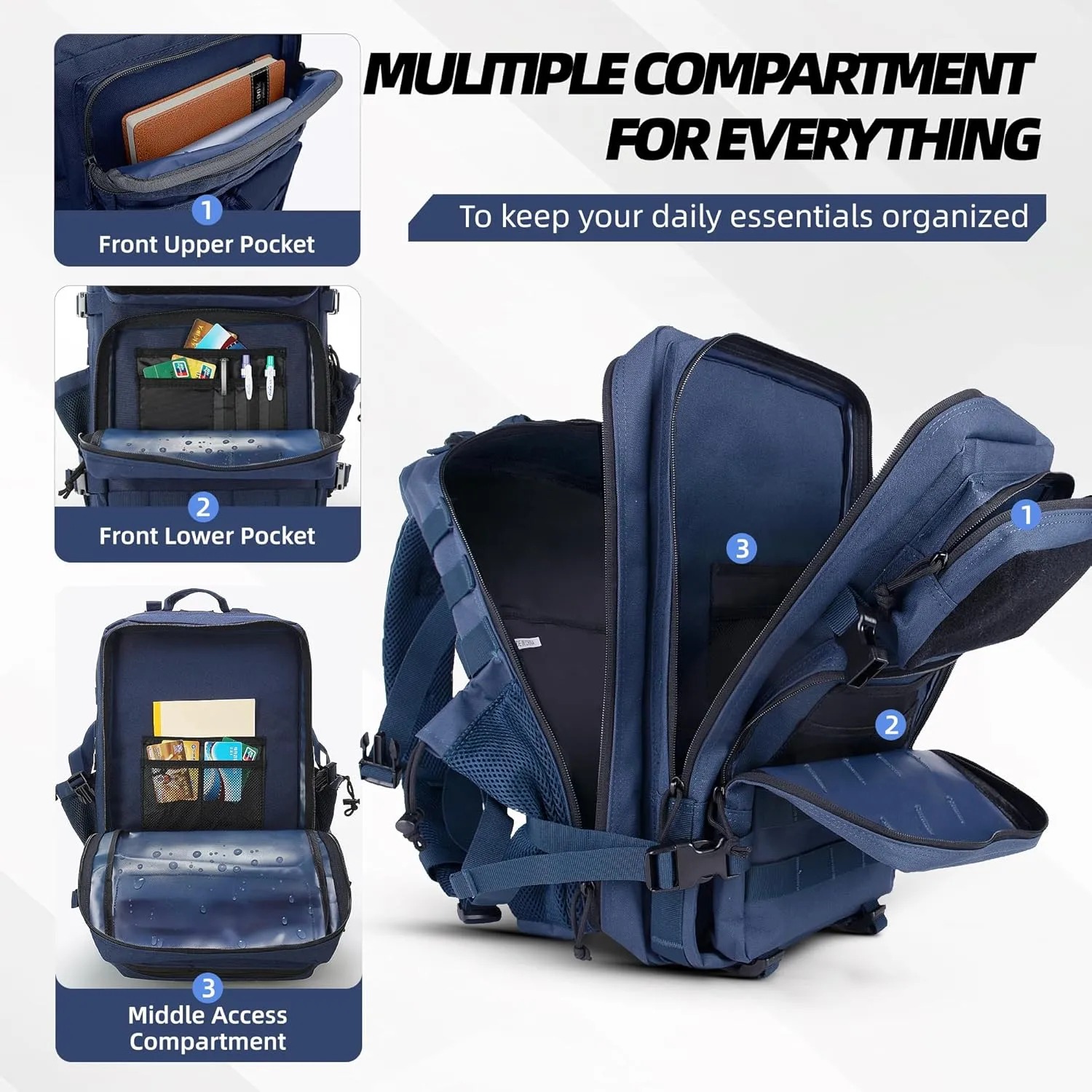 Tactical Backpack - Military Molle Bag 3 Days Pack for men and Women Large Assault Rucksack 45L (Navy)