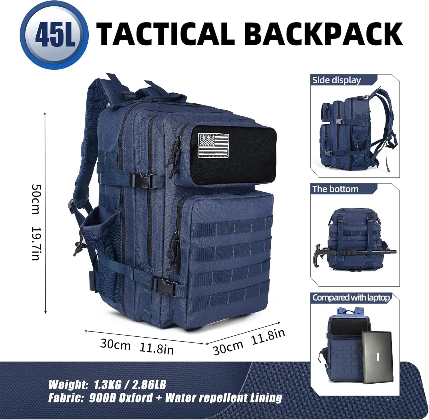 Tactical Backpack - Military Molle Bag 3 Days Pack for men and Women Large Assault Rucksack 45L (Navy)