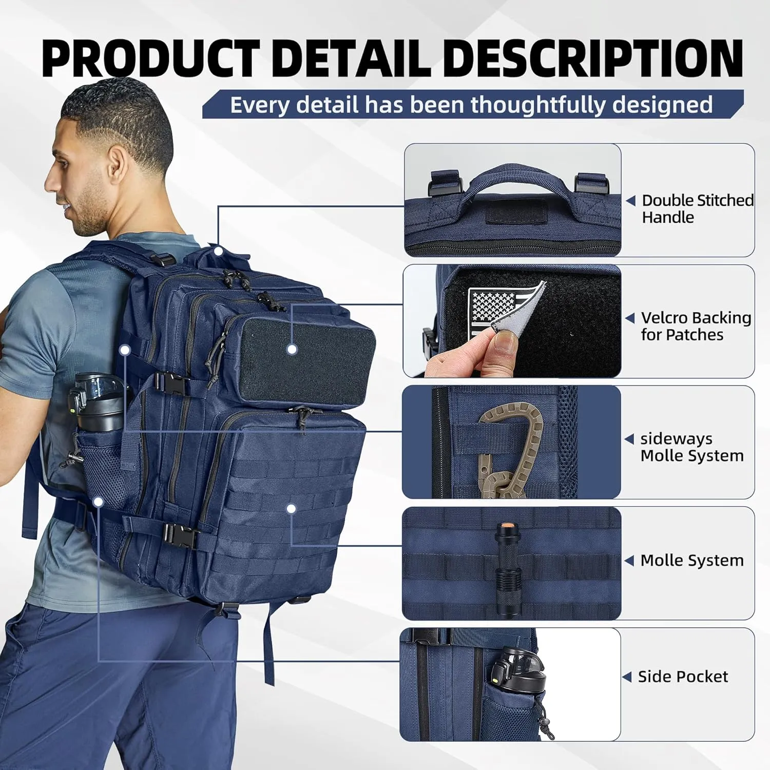 Tactical Backpack - Military Molle Bag 3 Days Pack for men and Women Large Assault Rucksack 45L (Navy)