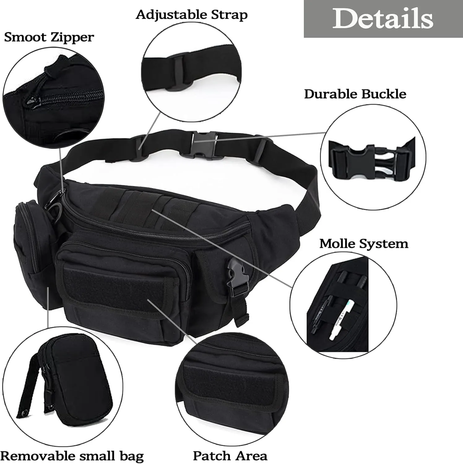 Tactical Fanny Packs, Military Waist Bag Utility Hip Belt Bags for Hiking Climbing Fishing Cycling Hunting with U.S Patch (Black Black)