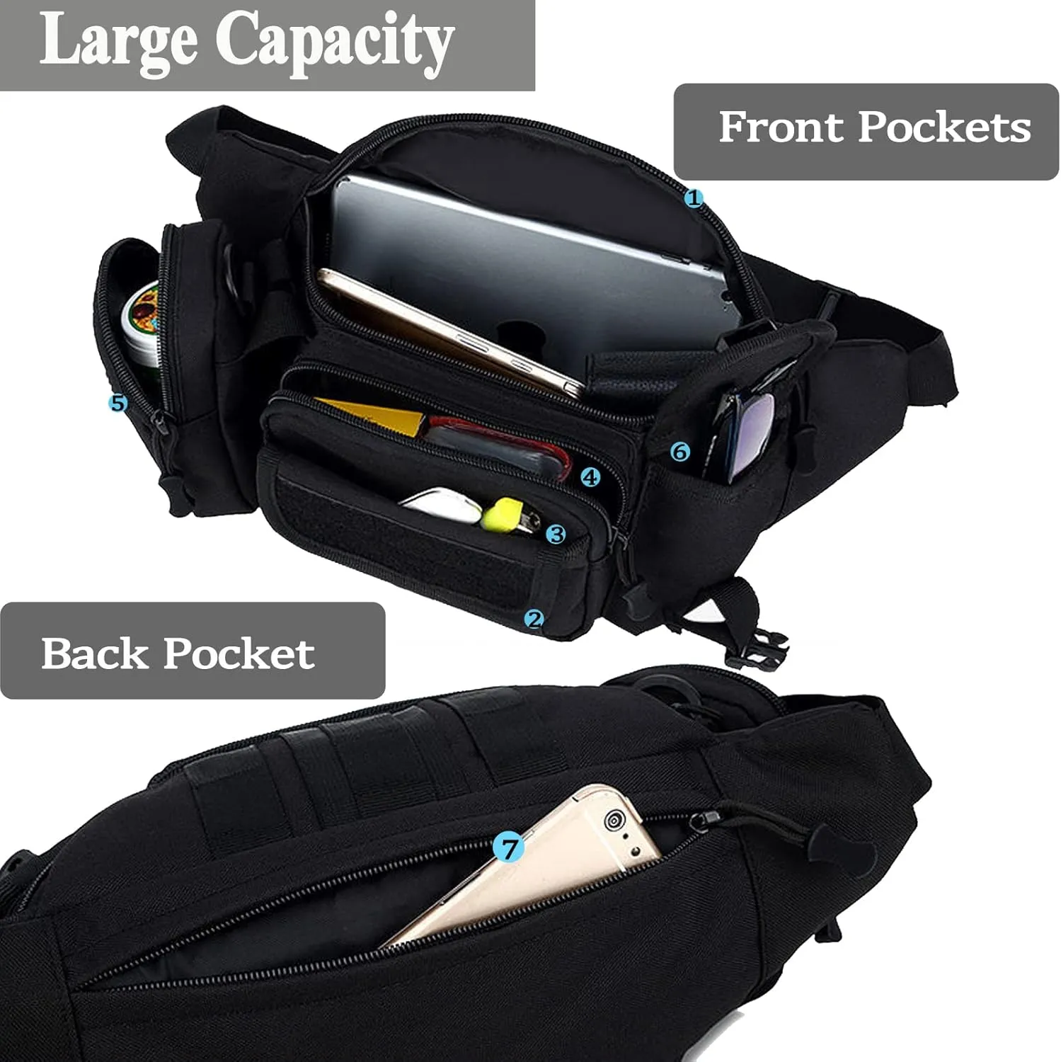 Tactical Fanny Packs, Military Waist Bag Utility Hip Belt Bags for Hiking Climbing Fishing Cycling Hunting with U.S Patch (Black Black)
