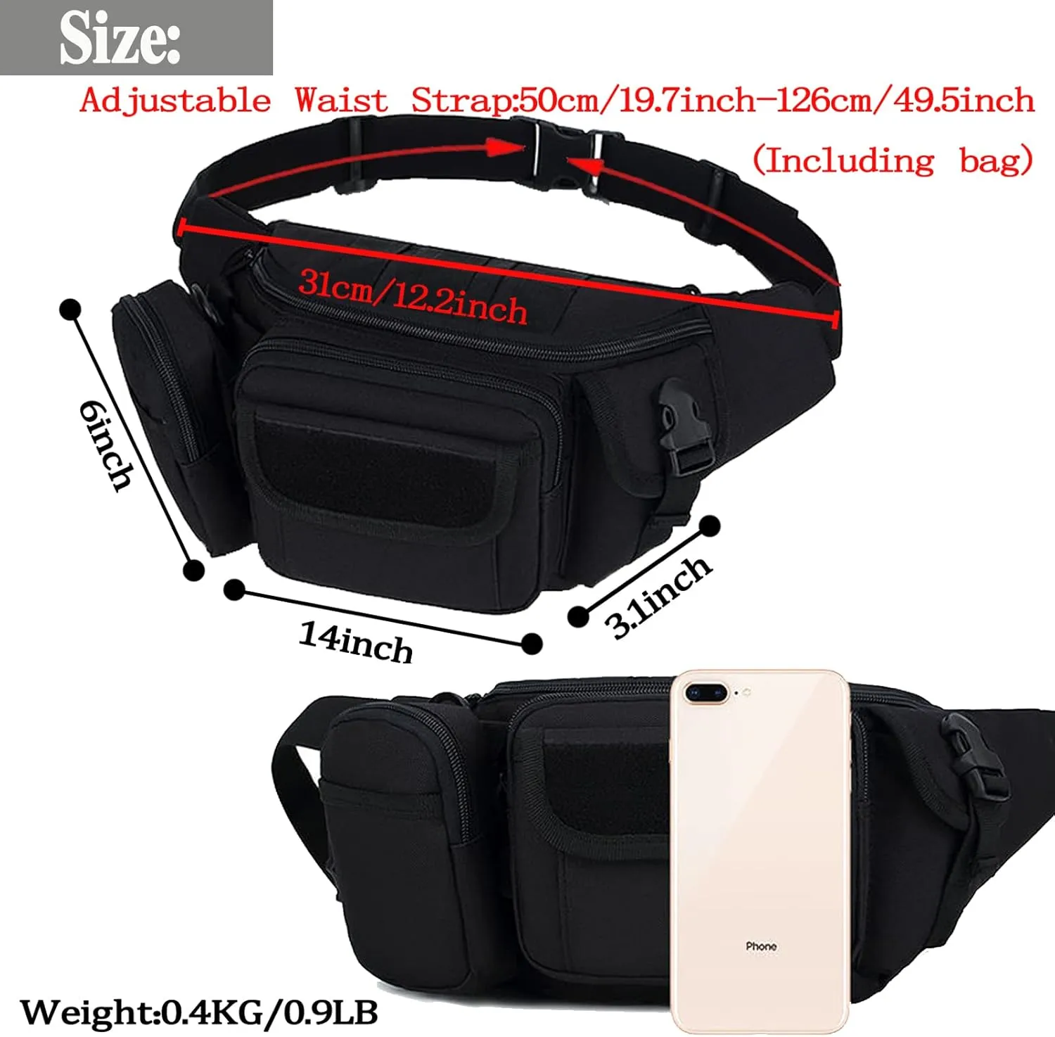 Tactical Fanny Packs, Military Waist Bag Utility Hip Belt Bags for Hiking Climbing Fishing Cycling Hunting with U.S Patch (Black Black)