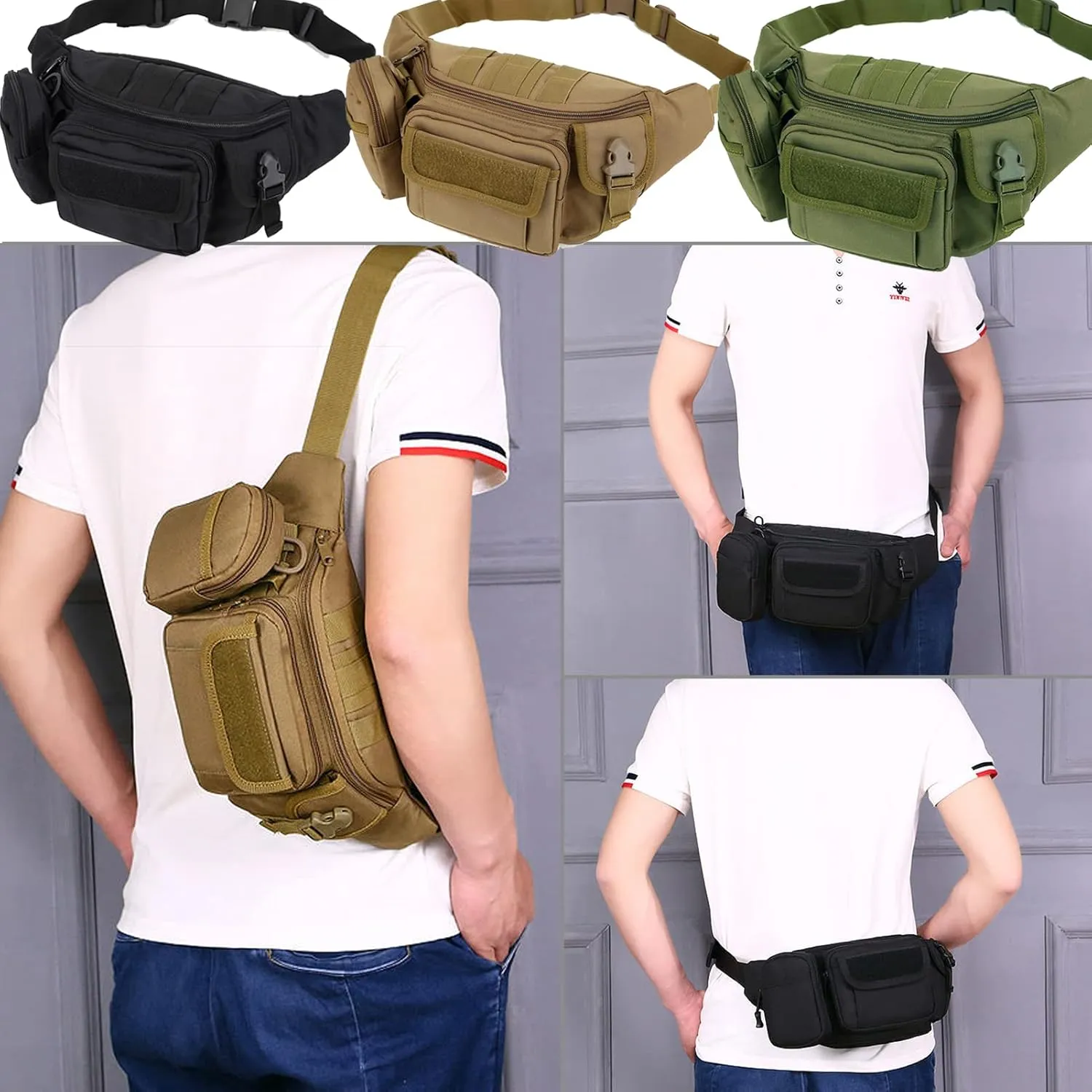 Tactical Fanny Packs, Military Waist Bag Utility Hip Belt Bags for Hiking Climbing Fishing Cycling Hunting with U.S Patch (Black Black)
