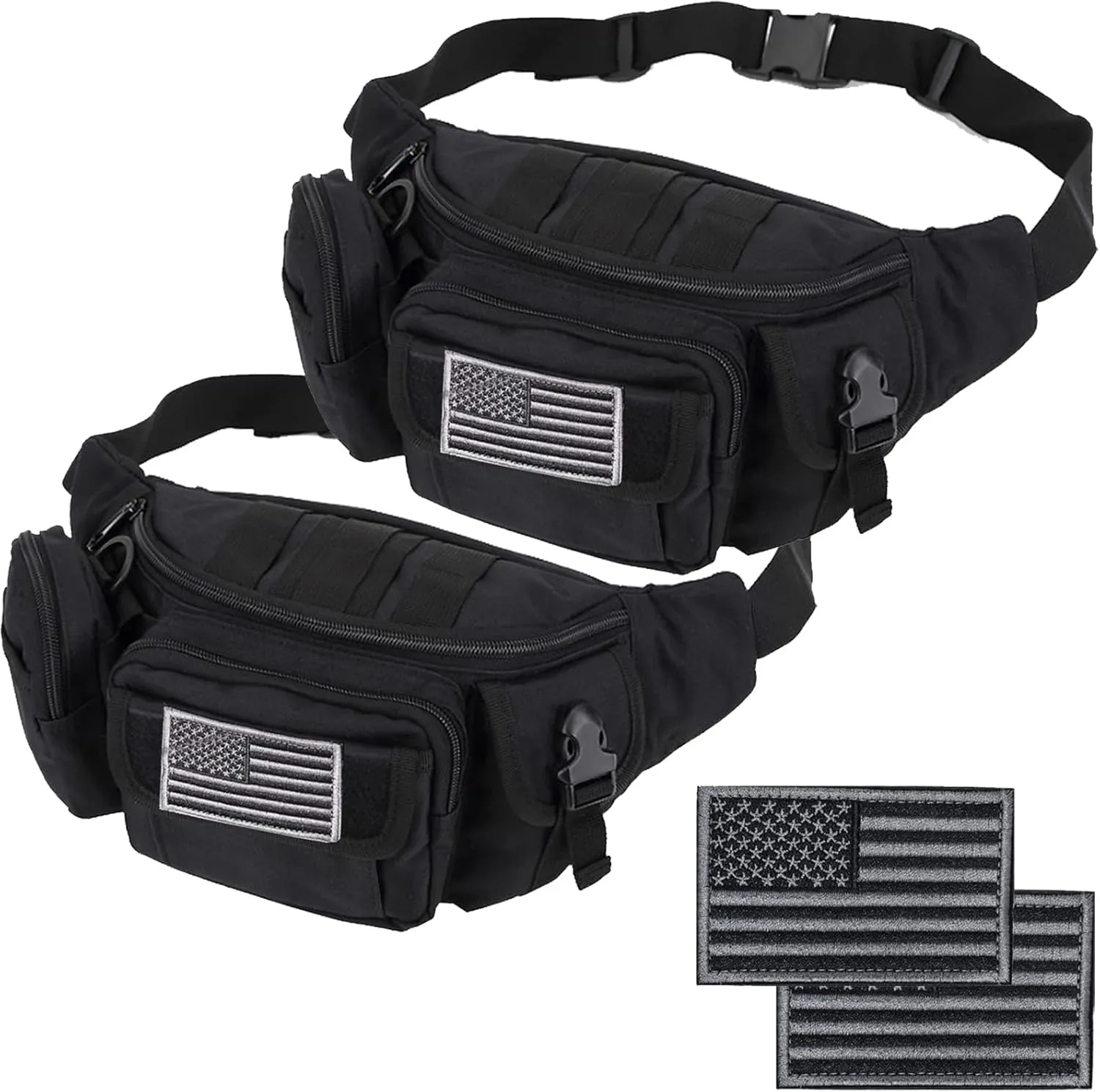 Tactical Fanny Packs, Military Waist Bag Utility Hip Belt Bags for Hiking Climbing Fishing Cycling Hunting with U.S Patch (Black Black)