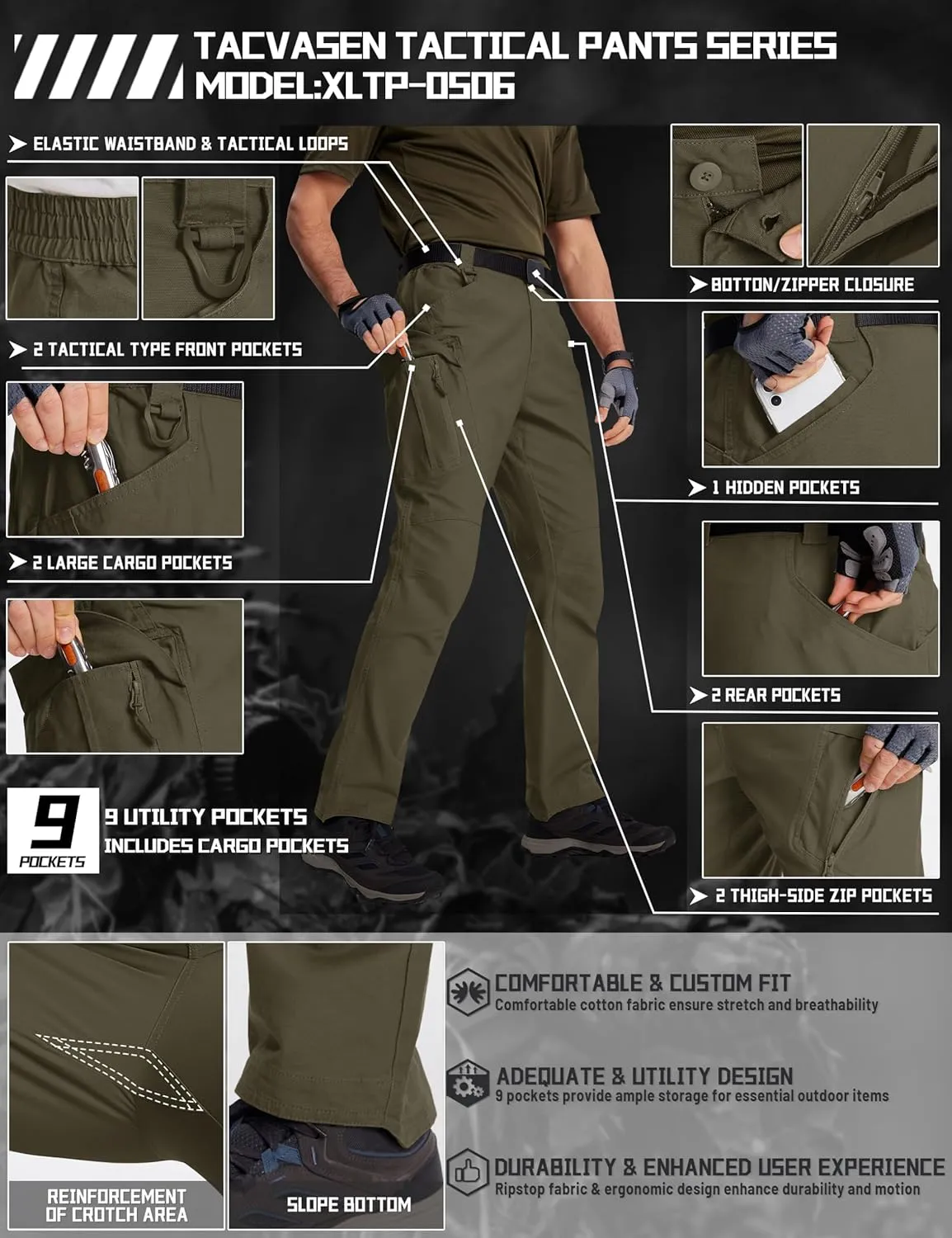 TACVASEN Men's Tactical Cargo Pants, Cotton 9 Pockets Work Pants, Stretch Hiking Pants, Lightweight Outdoor Workout Pant