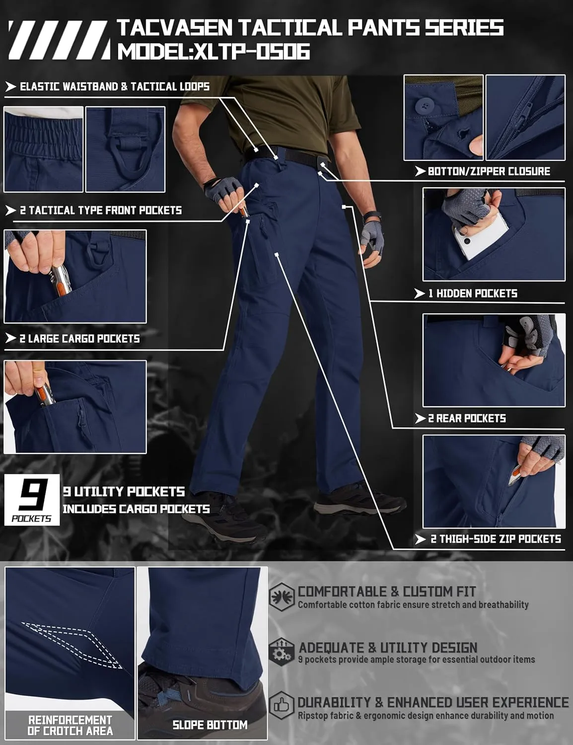 TACVASEN Men's Tactical Cargo Pants, Cotton 9 Pockets Work Pants, Stretch Hiking Pants, Lightweight Outdoor Workout Pant