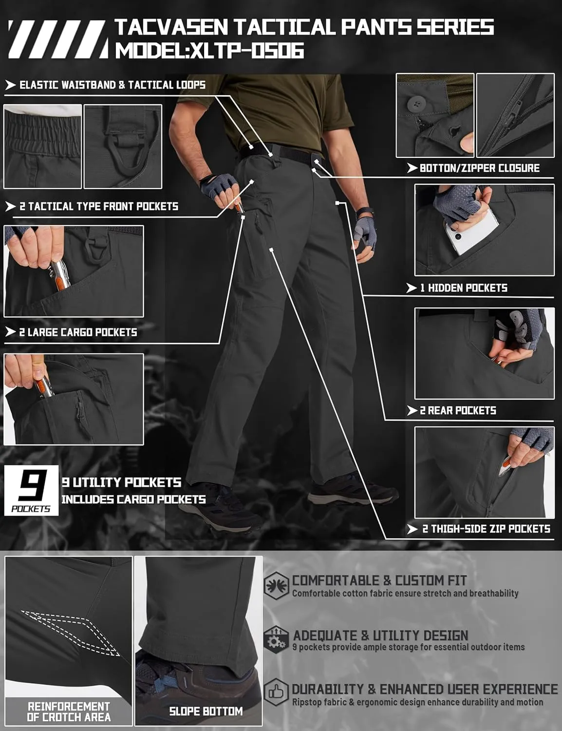 TACVASEN Men's Tactical Cargo Pants, Cotton 9 Pockets Work Pants, Stretch Hiking Pants, Lightweight Outdoor Workout Pant