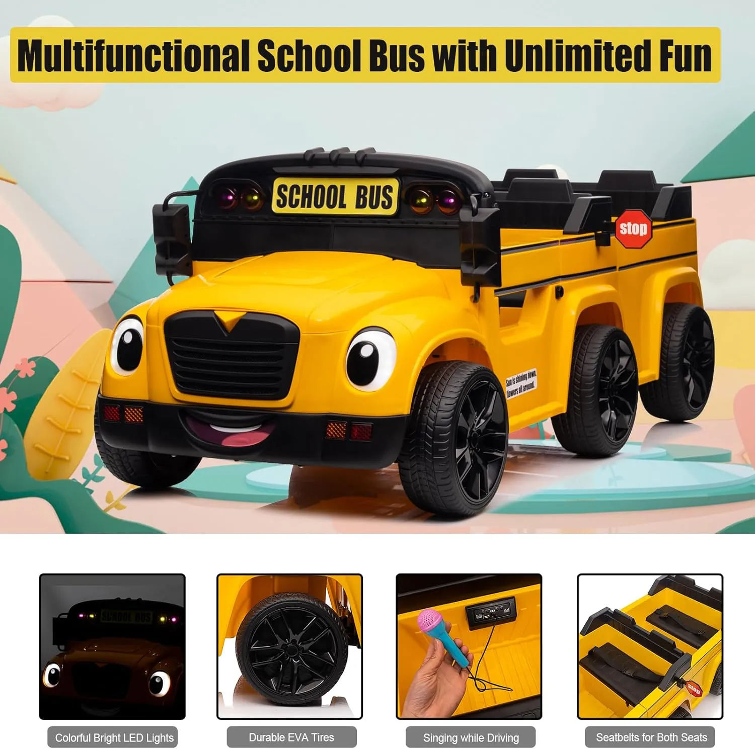 TAICO 24V 2 Seater Ride on School Bus 4WD Kids Ride on Car, 6 Wheels Ride on Toy w/Remote Control, Electric Truck Vehicle Walkie-Talkie, Microphone, LED Light, Music, Bluetooth for Boys Girls, Yellow