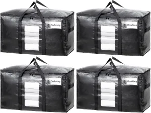 TAILI Extra Large Moving Bags, 4 Pack Black Heavy Duty Totes For Storage with Visible Window, Wrap Around Handles, Storage Bags for Space Saving, Alternative to Moving Boxes
