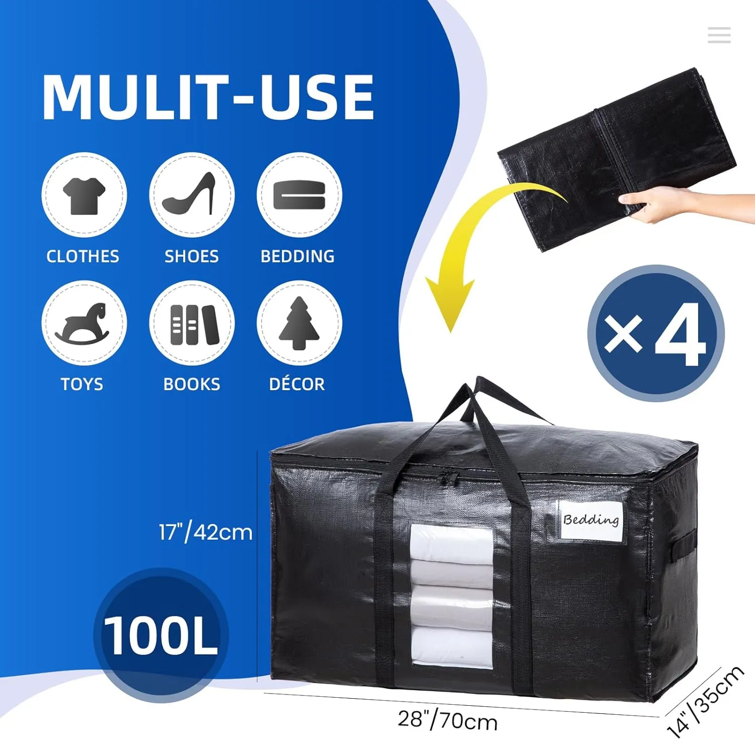 TAILI Extra Large Moving Bags, 4 Pack Black Heavy Duty Totes For Storage with Visible Window, Wrap Around Handles, Storage Bags for Space Saving, Alternative to Moving Boxes
