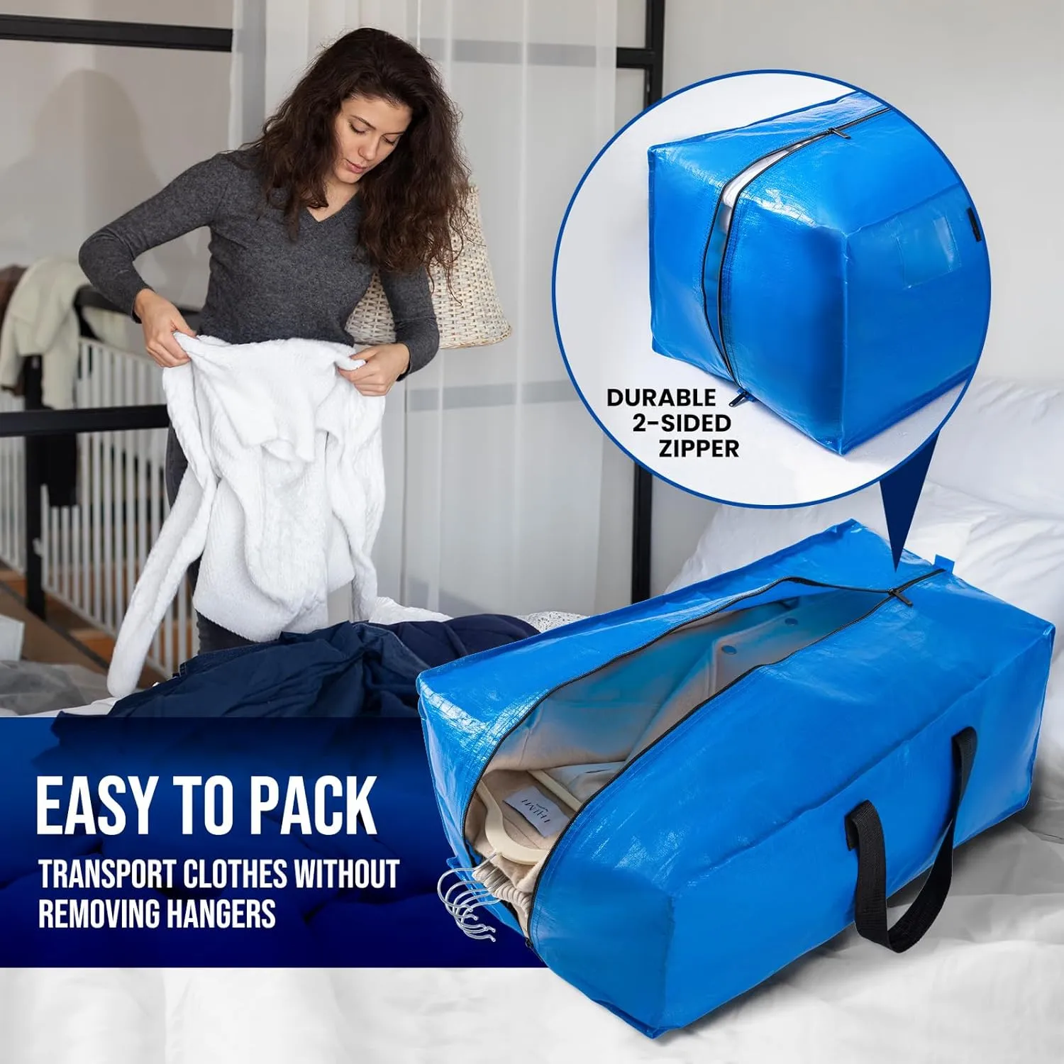 TAILI Heavy Duty Moving Bags, Clothing Storage Bags with Sturdy Zipper and Strong Handles, Blue Clothes Storage Bins, Extra Large Tote for Moving Supplies, Better than Boxes (6-Pack)