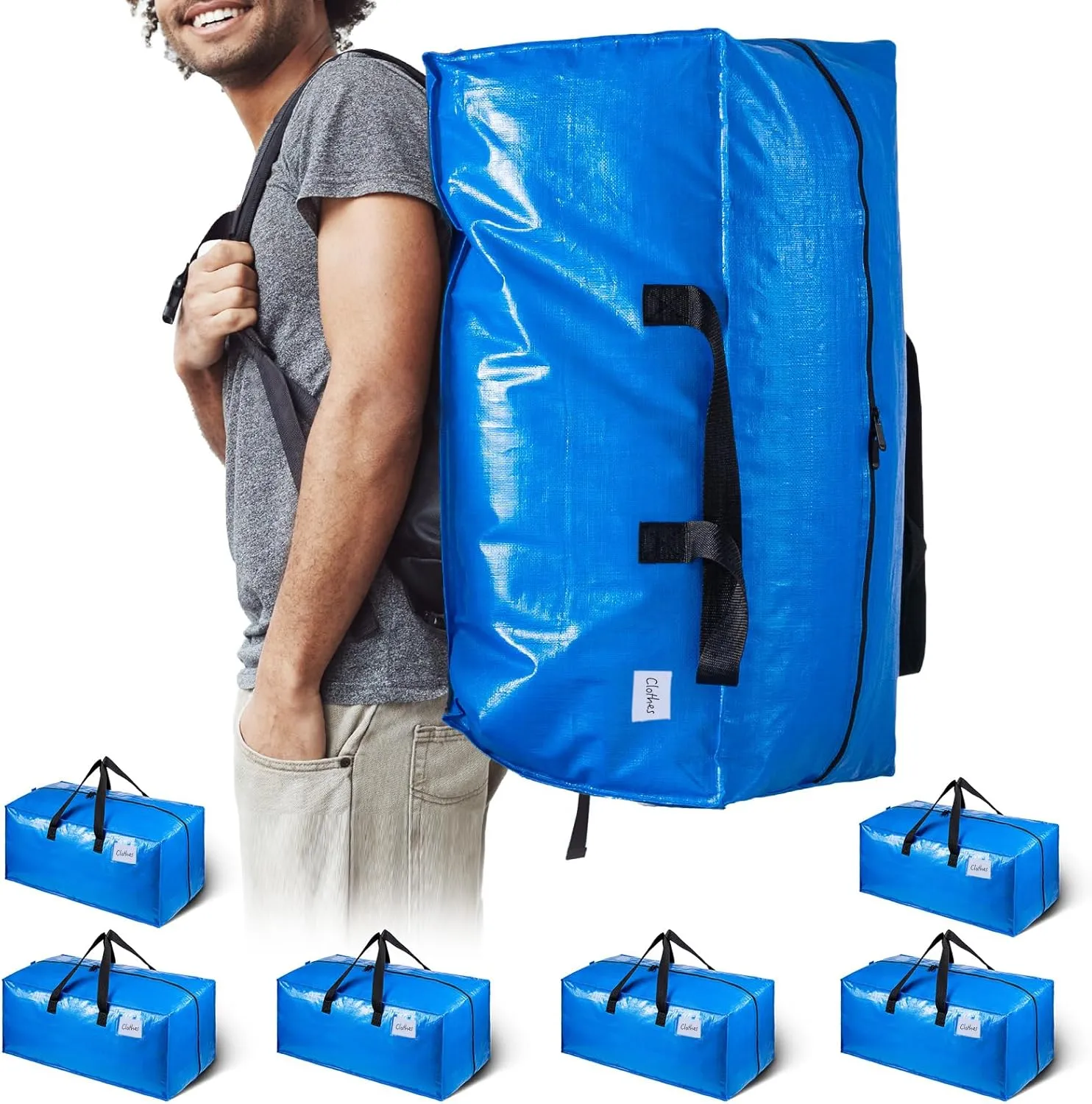 TAILI Heavy Duty Moving Bags, Clothing Storage Bags with Sturdy Zipper and Strong Handles, Blue Clothes Storage Bins, Extra Large Tote for Moving Supplies, Better than Boxes (6-Pack)