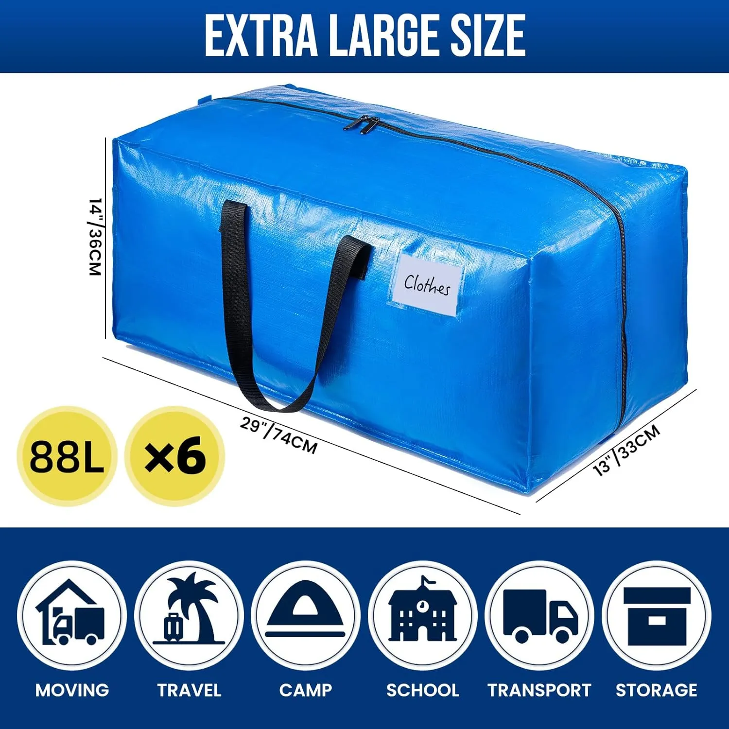TAILI Heavy Duty Moving Bags, Clothing Storage Bags with Sturdy Zipper and Strong Handles, Blue Clothes Storage Bins, Extra Large Tote for Moving Supplies, Better than Boxes (6-Pack)