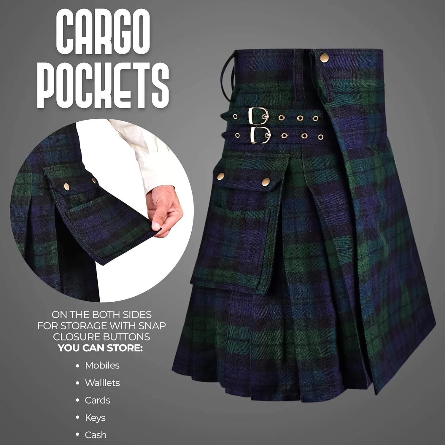 Tartan Utility Kilt for Men I 16oz Scottish Tartan Kilt 5 Yards Premium Acrylic Wool Kilts Traditional Mens Kilt