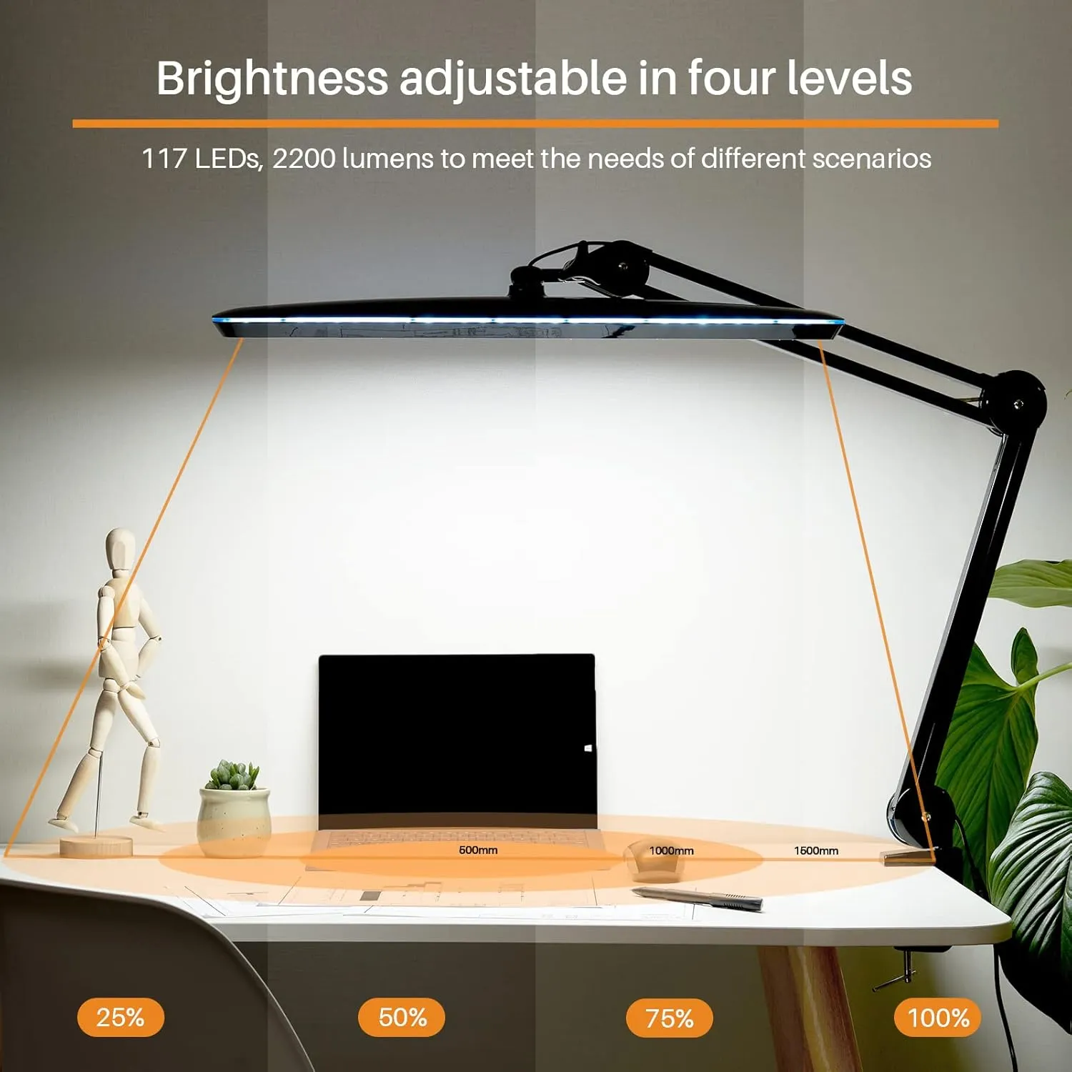 Task Lamp with Clamp, Bright 117PCS LEDs, Metal Swing Arm 24W 2200 Lumen Dimmable Led Desk Lamp for Architect Home Office Study Reading Dorm Workbench Craft, 23 Inch Lamp Head Work Lamp(Black)