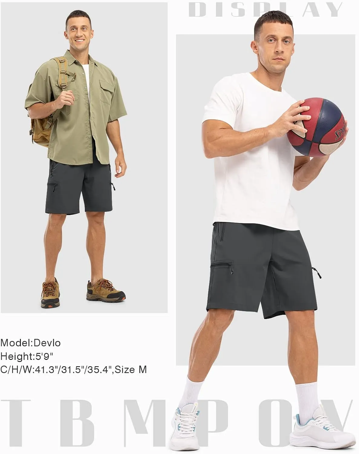 TBMPOY Men's Hiking Shorts with 5 Zip Pockets 9'' Lightweight Outdoor Work Athletic Travel Short for Men Casual Running