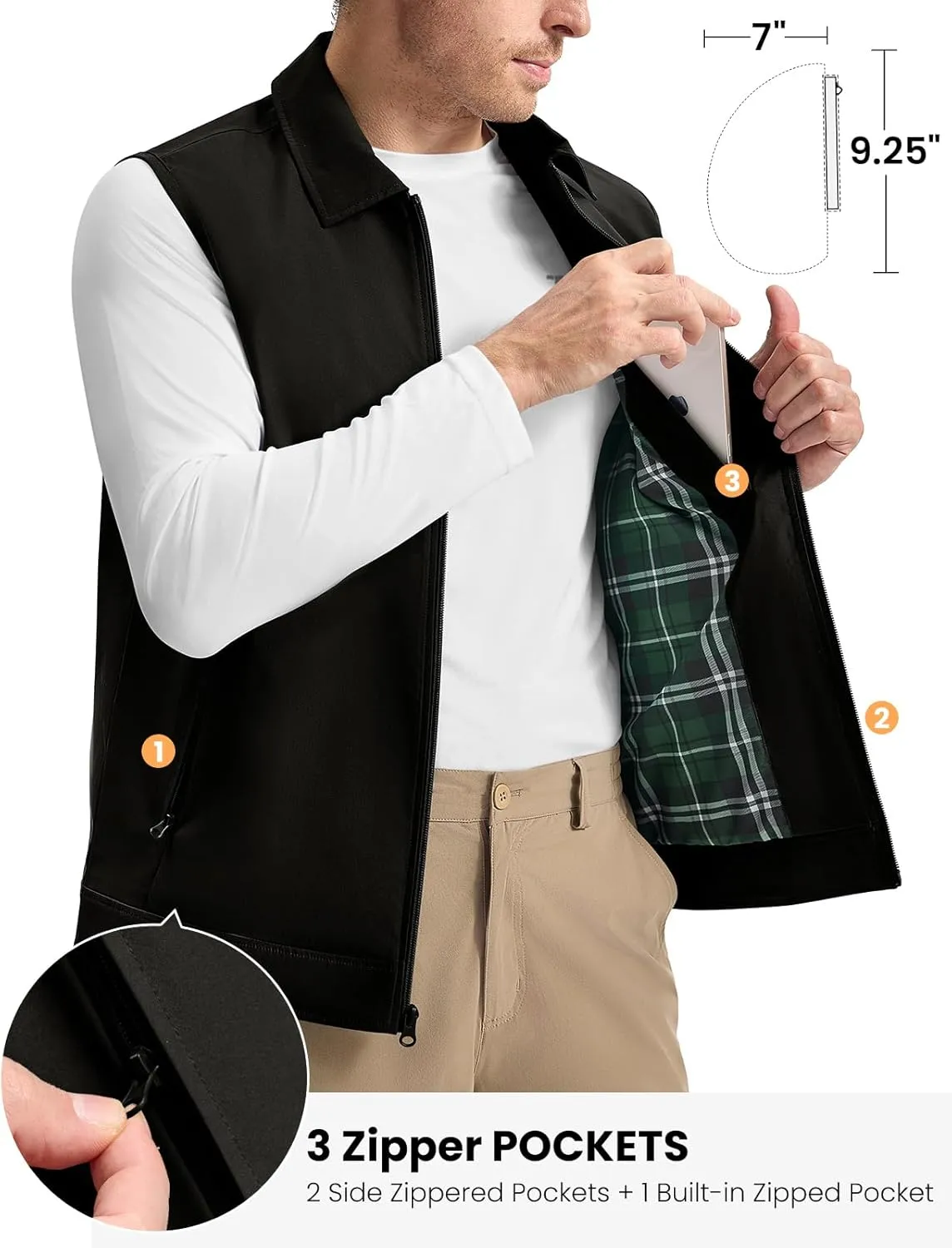 TBMPOY Men's Vest Casual Outerwear Lightweight 3 Zip Pockets Golf Sleeveless Jackets Summer Fall Full Zip Vest Travel