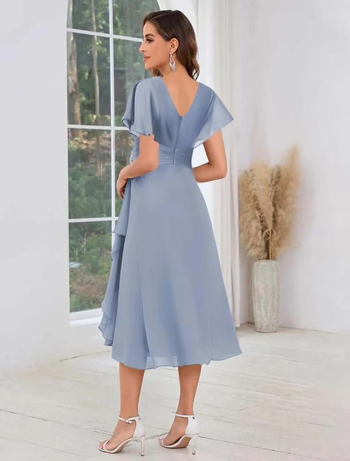 Tea Length Mother of The Bride Dresses for Women Ruffles Chiffon Beaded Formal Wedding Guest Dress with Sleeves