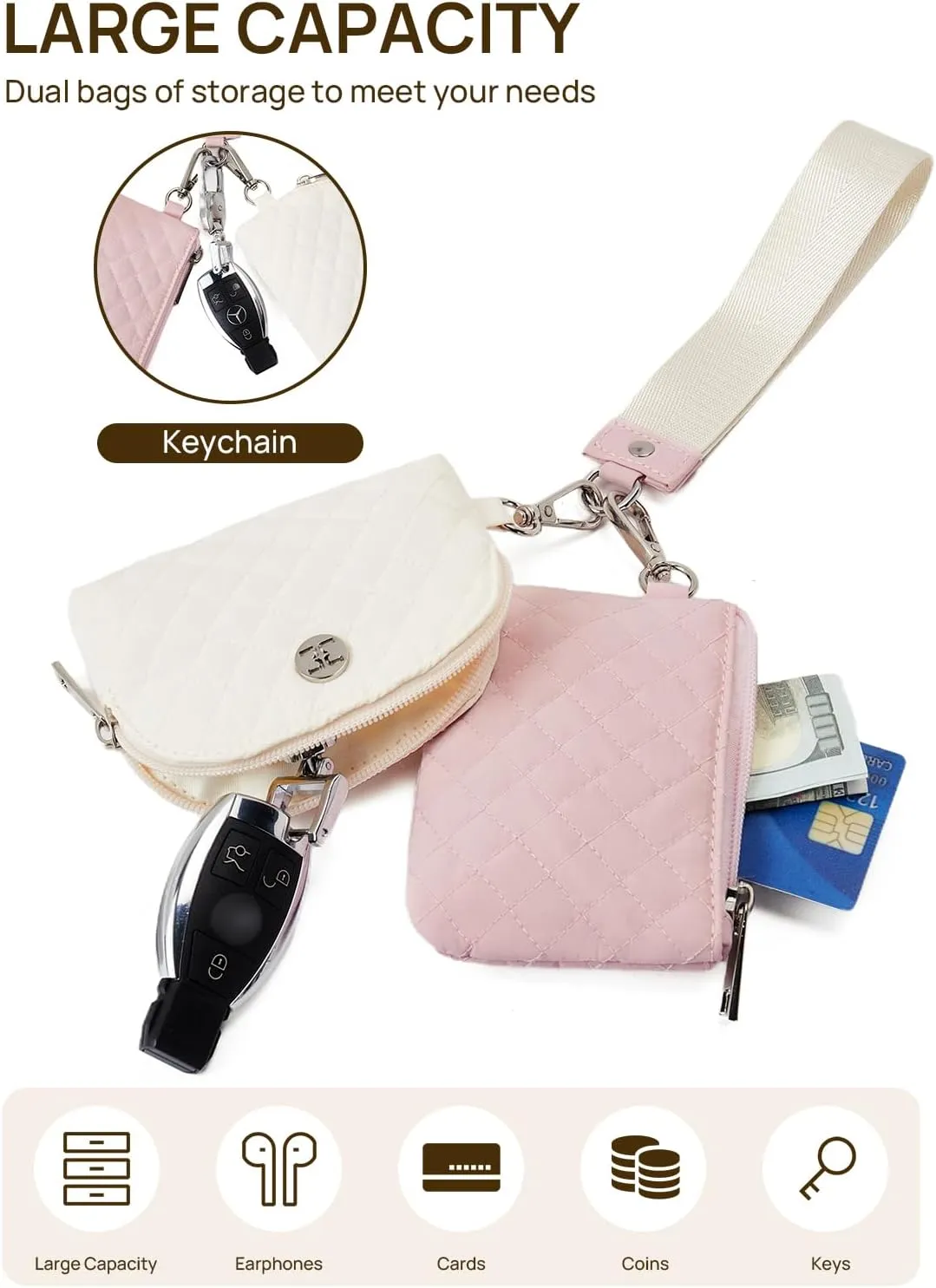 Telena Mini Zip Around Wristlet Wallets for Women Coin Purse Keychain Dual Pouch Wallet Beige Pink