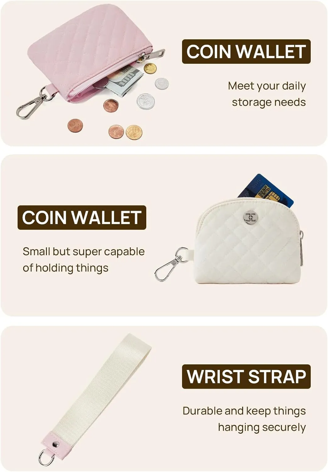 Telena Mini Zip Around Wristlet Wallets for Women Coin Purse Keychain Dual Pouch Wallet Beige Pink