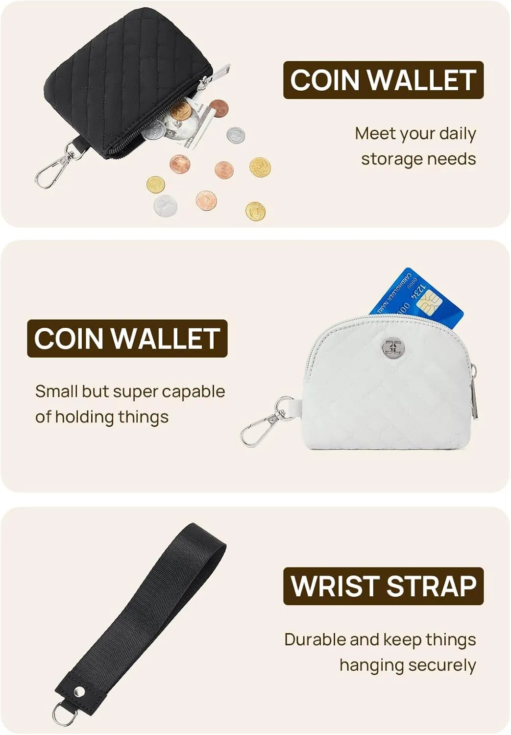 Telena Mini Zip Around Wristlet Wallets for Women Coin Purse Wristlet Keychain Dual Pouch Wallet Black Gray