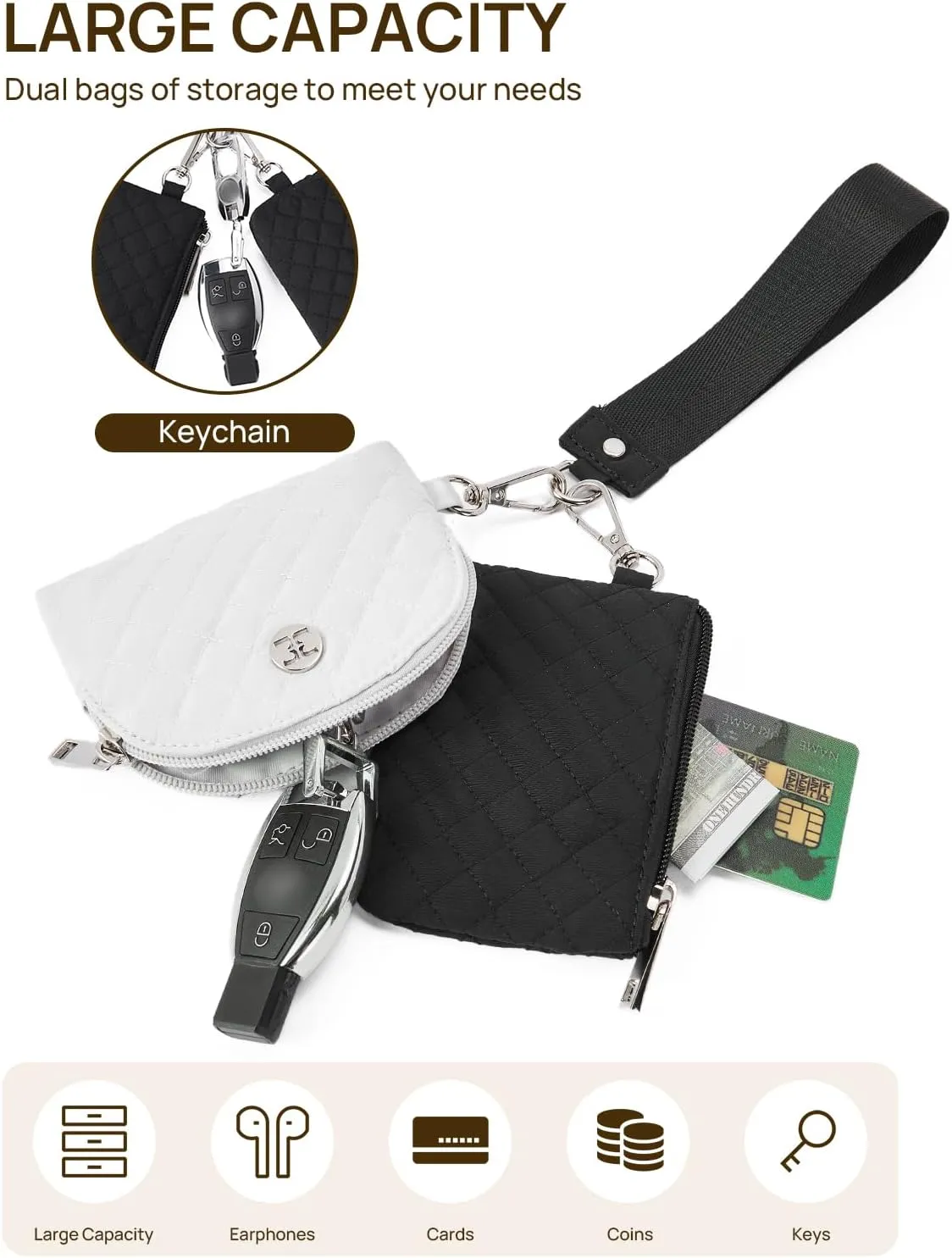 Telena Mini Zip Around Wristlet Wallets for Women Coin Purse Wristlet Keychain Dual Pouch Wallet Black Gray