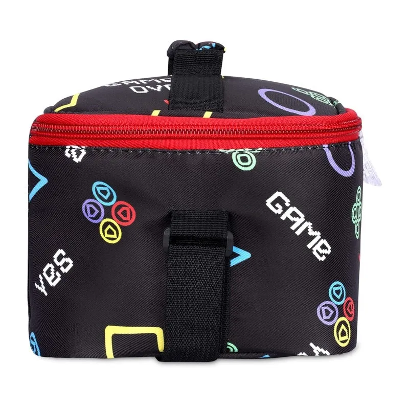 THE CLOWNFISH Snack Attack Series Polyester Printed Tiffin Carry Bag Lunch Bag Lunch Box Carrier Bag for School Picnic Travel Food Storage Bag (Charcoal Black)