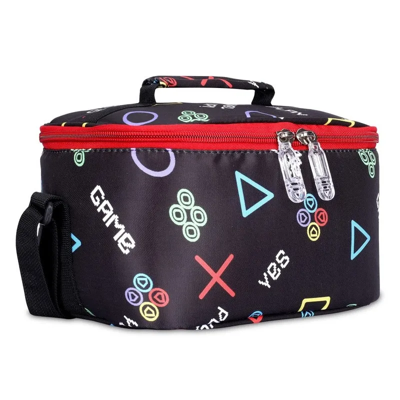 THE CLOWNFISH Snack Attack Series Polyester Printed Tiffin Carry Bag Lunch Bag Lunch Box Carrier Bag for School Picnic Travel Food Storage Bag (Charcoal Black)