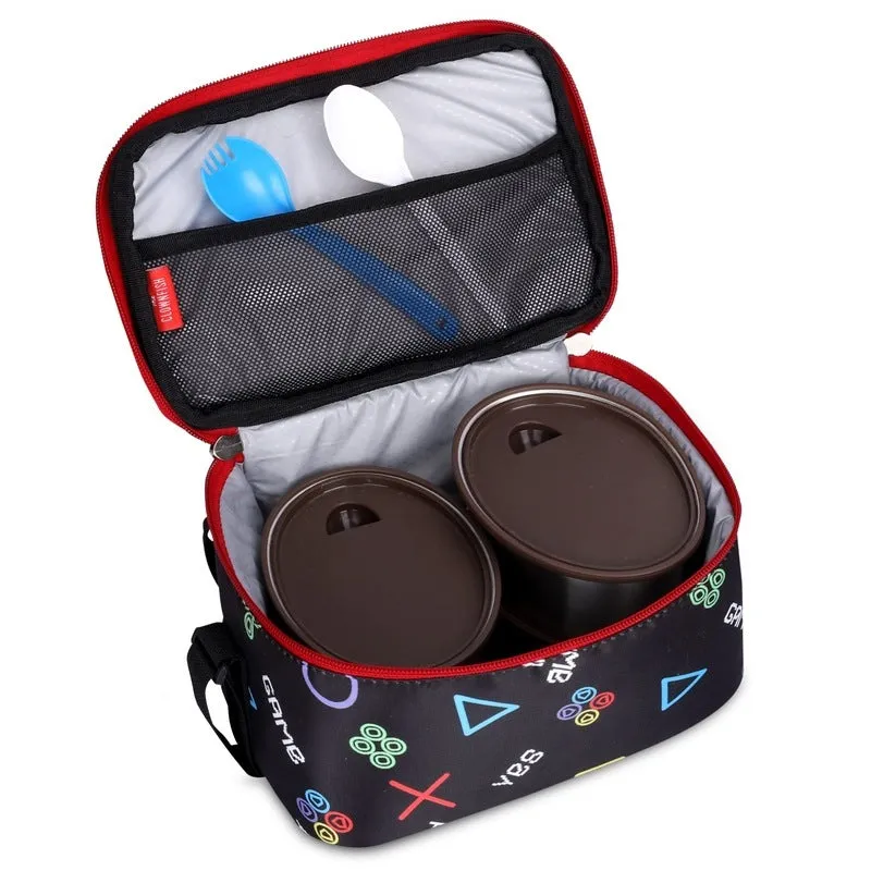 THE CLOWNFISH Snack Attack Series Polyester Printed Tiffin Carry Bag Lunch Bag Lunch Box Carrier Bag for School Picnic Travel Food Storage Bag (Charcoal Black)